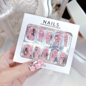 【With Glue】Ready Stock Female Mid-length Fake Nail Pink Butterfly and Rose Artificial Nail for Women and Girl Party Activity