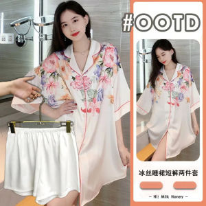 Ice silk nightdress womens short-sleeved pajamas shorts suit plus size popular Western style home wear womens