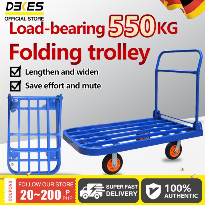 DEKES 550KG Foldable Push Cart  for delivery，heavy duty trolley Steel Pipe Platform Trolley Silent Wheels  Warehouse Moving Push Hand Truck