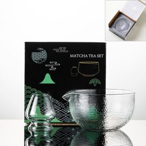 METALIX Glass Matcha Bowl Textured with Pouring Spout Matcha Making Kit Reusable Japanese Tea Set Tea Lovers