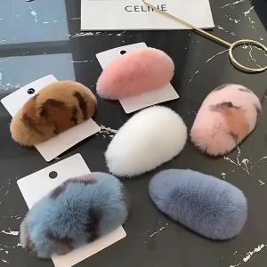 2026 Hot Sale [ Shipped from China ] Autumn and winter real rex rabbit fur hair clip for women side fringe fur clip with a high-end feel bb Head accessory that clips behind the head B3