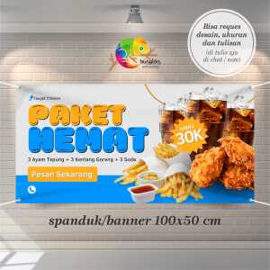 Cetak Spanduk Banner Biru dan Kuning Ilustratif Promosi Makanan Paket Hemat