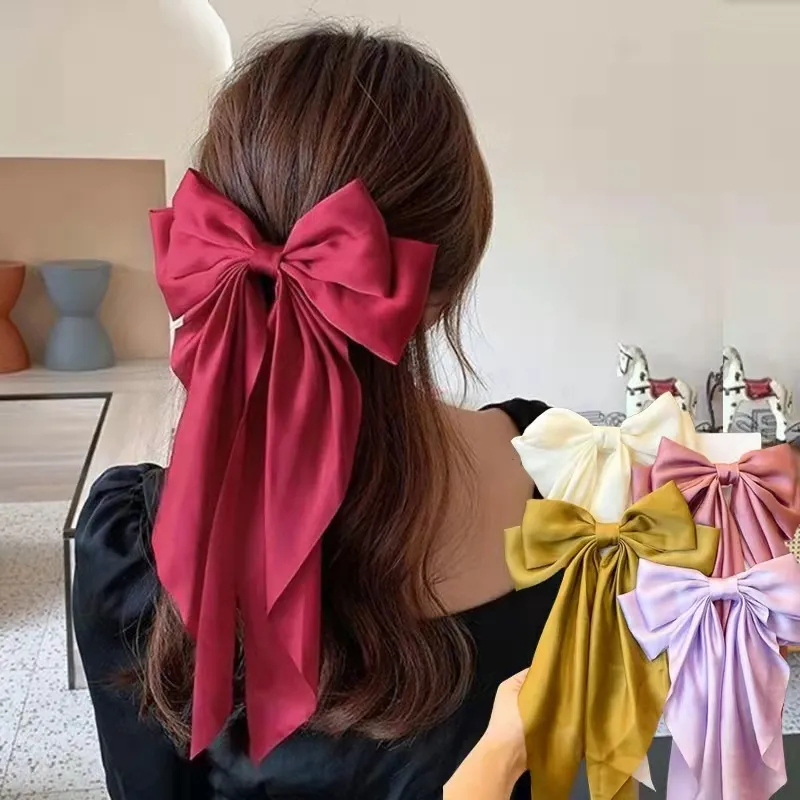 Hair Bow Clips Large Bowknot Hair Ribbons Bows for Women Girls Pearl Satin  Ribbon Handmade Beige Hair Clip Bows Barrettes for Women Hair Accessories 