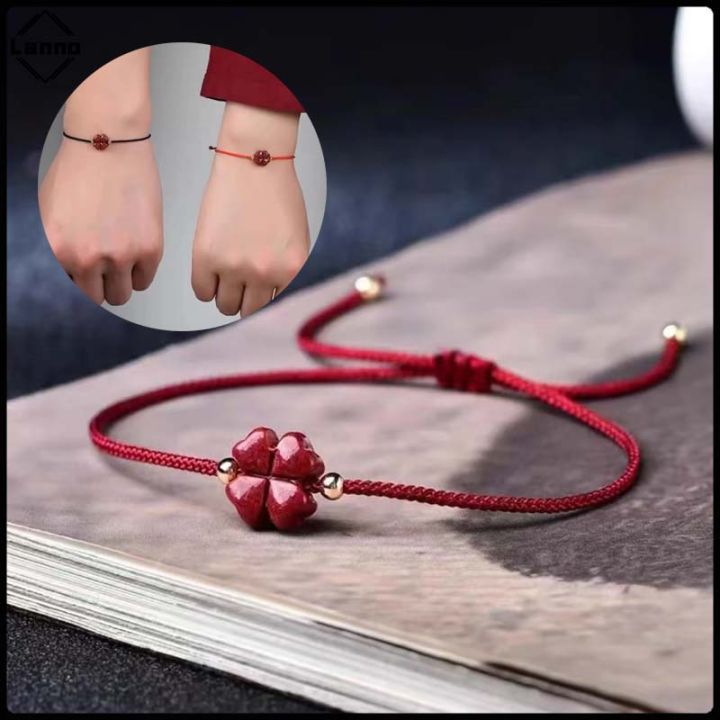 Handwoven Lucky Four-Leaf Clover Red Rope Bracelet Adjustable