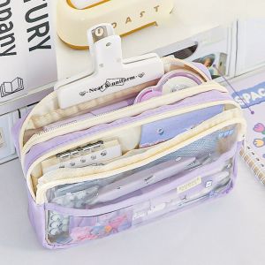 OWTWO Five-Layer Pen Bag PU Leather+PVC Large Capacity Pencil Box Simplicity Portable Stationery Organizer Student Gift