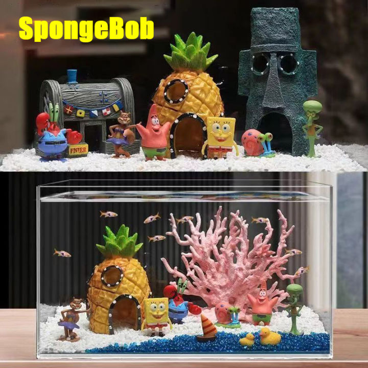 Floating SpongeBob Squarepants Aquarium Ornaments Coral Conch Pumpkin Dragon Submarine Fish Tank Landscaping Pineapple House Fish Shrimp Avoid Nest Trash Can Octopus Krusty Krab Chum Bucket Toy Collec...