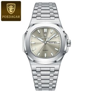 POEDAGAR Business Men Watches Waterproof Luminous Date Week Stainless Steel Mens Watches