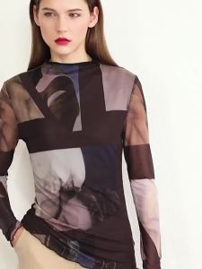 Long-sleeved T-shirt womens base layer with mesh printing paired with a semi-high-neck slim top  TX2-1242TM1003-B