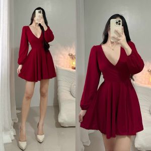 ZEALO Zendaya Plunge V-Neck Puff Longsleeves A-Line Skater Dress for Women – Knitted