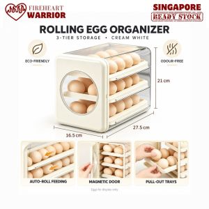 【Fireheart Warrior】 Egg Storage Box 3 Tier Rolling Egg Organizer with Magnetic Door Pull Out Trays for Fridge Cream