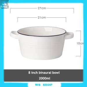 Blue Nordic Style Simple Ceramic Double Ear Bowl Ceramic Noodle Bowl with Cover Big Soup Ramen Bowl Blue Line Salad Bowl Breakfast Bowl Dessert Breakfast Oatmeal Bowl Tableware