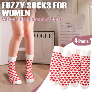 4Pairs Womens Heart Print Crew Socks Winter Plush Terry Loop Mid-Calf Sock Heavy Knit Thermal Snow/Outdoor Casual Floor Sock