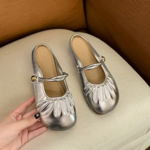 ฝรั่งเศสเงินตอนเย็นแมรี่เจนรองเท้าผู้หญิงแบนพื้นจีบรองเท้า รองเท้าแตะเดี่ยว