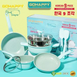 PANCI SET Korean 9 pc Gohappy Pastel Tosca GHK90T Wajan Wok pan FRYPAN CASEROLE Sauce pan Granite marble anti lengket GO HAPPY COOKWARE SET With PFOA FREE