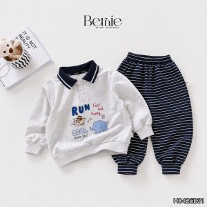 Set bộ dài tay bé trai áo polo cổ dệt Lucky Stories phối quần dài kẻ sọc 11 tới 28kg BERNIE H0426B31