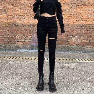 Quần Jean Nữ Lưng Cao AMILY màu đen trơn rách gối dáng Skinny Tôn Dáng