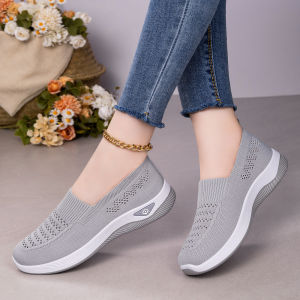 [Free Shipping] WomenS Shoes Large Sizes Single Shoes Breathable Knit Casual Shoes Solid Color Versatile Flat Shoes Mom Shoes