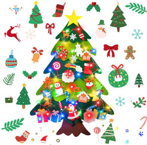 Moulty Felt Christmas Tree Set with 26Pcs Detachable Ornaments and Colorful LED Lights DIY Christmas Decorations for Kids Toddlers Xmas Gifts Door Wall Hanging Decorations