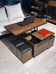 {SG Sales} Small Apartment Rectangular Multi-Functional Lifting Tempered Glass Stone Plate Coffee Table Dual-Use Integrated