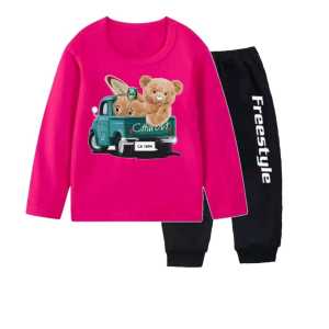 F.F stelan celana joger atasan kaos oblong lengan panjang anak perempuan motif beruang 1899 untuk anak usia 1-11 t6hn bahan adem lembut