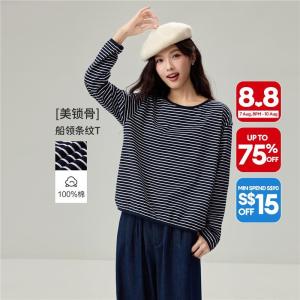 Giordano Beau Monde Women Striped drop shoulder long sleeve cotton tee Free Shipping 13326621