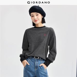 Giordano Beau Monde Women Heart embroidery mock neck striped sweatshirt Free Shipping 13326703