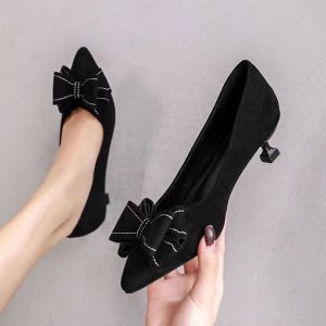 [Free Shipping] WomenS 3Cm Low-Heeled Shoes Elegant Bridesmaid Style 5Cm Stiletto Heels With A Bow Suede Material Versatile Pointed Toe Black High Heels