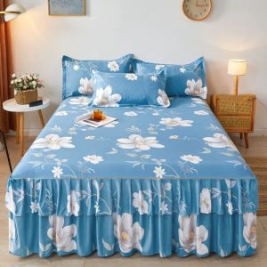 JUTBONG Floral Printed Double Lace Bed Skirt Three-piece Set Blue Dust-proof Bedsheet Pillowcase Premium Quality Thickening 3in1 Bedsheet Set for Kids Adults Bedroom