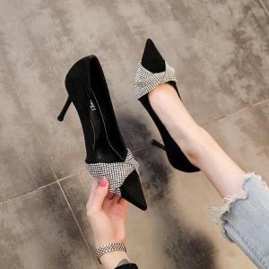 DTL-Rhinestone black French high heels for women 2024 womens stiletto pointed toe design ladylike style single shoes womens banquet shoes