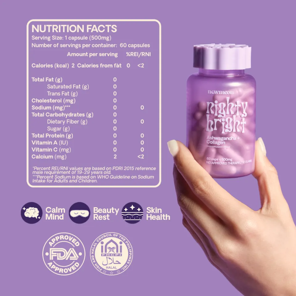 NEW MOON Nighty Bright Ashwagandha 500mg 180 CAPSULE with Hydrolized Marine  Collagen, Magnesium Glycinate, L-Theanine,