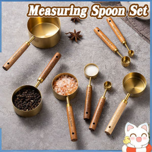 Stainless Steel Measuring Spoon Golden Wooden Handle Measuring Cup Kitchen Baking Measuring Tool Tea Spoon Measuring