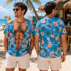 Men Funny Fake Abs Chest Hair Hawaiian Short Sleeve T-Shirt 3d Print Tropical Palm Floral Summer Beach Party Vacation Casual Top