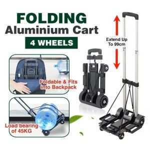 Lightweight Foldable Aluminum Trolley Cart with 4 Wheels – Heavy Duty Carrier with Bungee Cord Strap & Hook | Use as Trolley Bag Grocery Shopping Moving Boxes Home Office Industrial