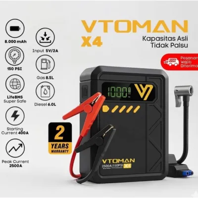 VTOMAN X4 Jumper Aki Mobil 8000mAh Pompa Ban Elektrik Portable Car Jump Starter bisa COD | Alat Jumper Aki untuk Keadaan Darurat