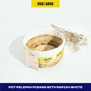 HUGeARNS - Cover Pot Anyaman / Cover Pot Seagrass / Pot Pelepah Pisang Combinasi Rapiah Putih Bulat / Pot Anyam Cover Pot Anyaman Tradisional Keranjang Bunga Tanaman Hias Pelindung Pot Purun Pohon Daun Hias Kerajinan Tangan / Cover Pot Seagrass / Coverpot