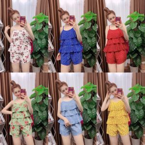 Đồ bộ mặc nhà mùa hèSet bộ đùi Áo 2 dây 3 tầng quần ngắn Vải mềm mịn dưới 57kg-GIAO GIỐNG MÀU HOA NGẪU NHIÊN