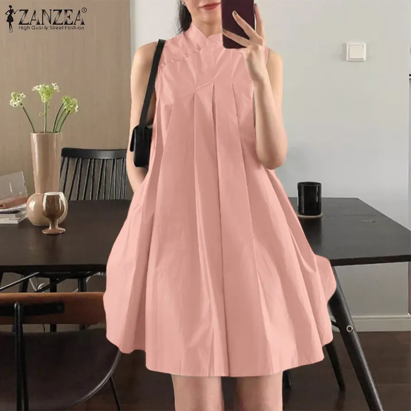 ZANZEA Korean Style Women New Chinese Collar Sundress Sleeveless