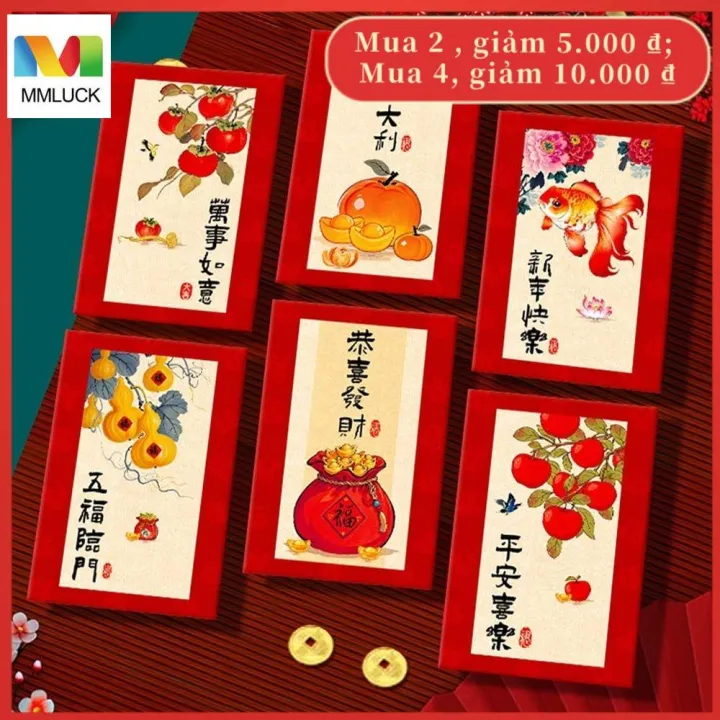 bao lì xì đầy tháng 2026 MMLUCK 6pcs Truyền thống Phong bì Đỏ năm mới ...