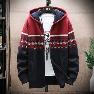 Men Thickened Sweater Fleece Cardigan Winter Cable Sweaters Fashion Stripe Stand Collar Jacket Brand Y2K Clothing
