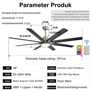 66-inch ceiling fan light ABS fan light DC smart Tuya wall control supports 2.4G+ voice silent with forward and reverse with memory function dimmable suitable for living rooms dining rooms bedrooms etc.
