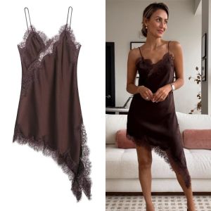 ALLLUCK Lace Womens Lace Dress Satin Asymmetry Sling Dress Sleeveless Backless Dress Party Dress