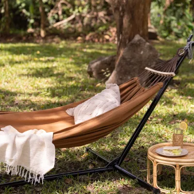 Mercedes Outdoor Hammock with Stand Brown | Garden Patio Backyard Balcony Hammock | Steel Frame Outdoor Furniture PH - Domesticity