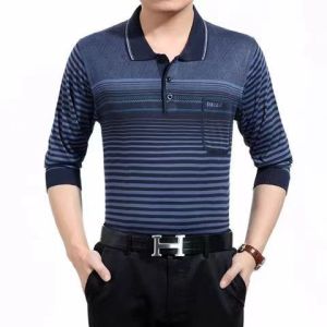 Mens Polo Shirt Long-sleeved T-shirt Middle-aged and Elderly Fashion Loose Striped Real Pocket Outfit
