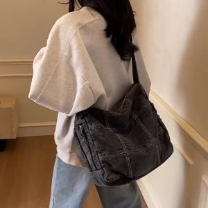 2026 New denim Korean-style simple casual lazy-style large-capacity student school bag womens crossbody shoulder bag