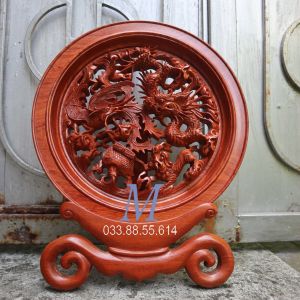 Tranh tròn nguyên khối đĩa trạm tứ linh gỗ hương cỡ 30cm