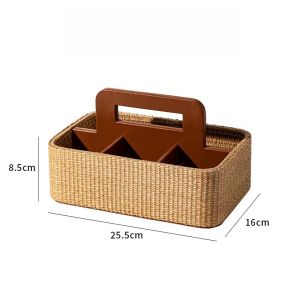 FFBH Multi Function Storage Baskets Natural Straw Bin Carry Handle Case Luxury Household Bedroom Tabletop Living Room Sundry Storage 9R3H1