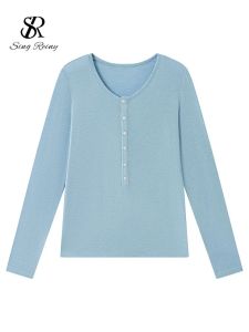 SINGREINY Lyocell Wool Basic Shirt Women Autumn O Neck Button Loose Cozy Acetate Solid Top Basics Casual Striped Long Sleeve Top2026