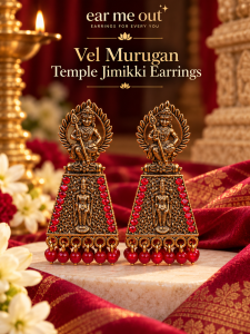 [SG] Vel Murugan Temple Jimikki Earrings | Red Accents | Antique Gold Look | Lord Murugan Design | Tamil Heritage Jhumka Earrings | ear me out (EMO-413)