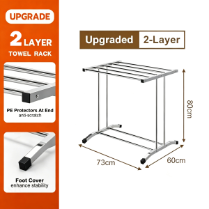 304 Stainless Steel Clothes Drying Rack Double Tier Foldable Collapsible Laundry Airer with 360° Universal Wheels & Shoe Storage Shelf Large Capacity Heavy Duty Mobile Garment Rack