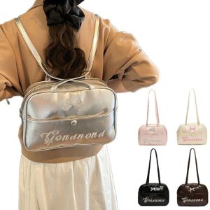 3GGINEII โบว์ กระเป๋าสะพาย ความจุขนาดใหญ่ หนัง PU กระเป๋าเป้ ผ้าสีพื้น ผ้าสีพื้น กระเป๋าโท้ต สำหรับผู้หญิง